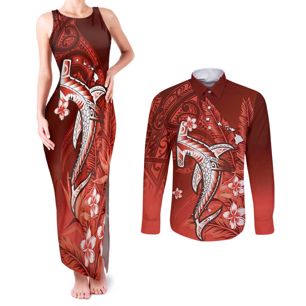 Personalized Hawaiian Maori Hammerhead Shark Couples Matching Tank Maxi Dress and Long Sleeve Button Shirt Ulaula Plumeria - Polynesian Pride