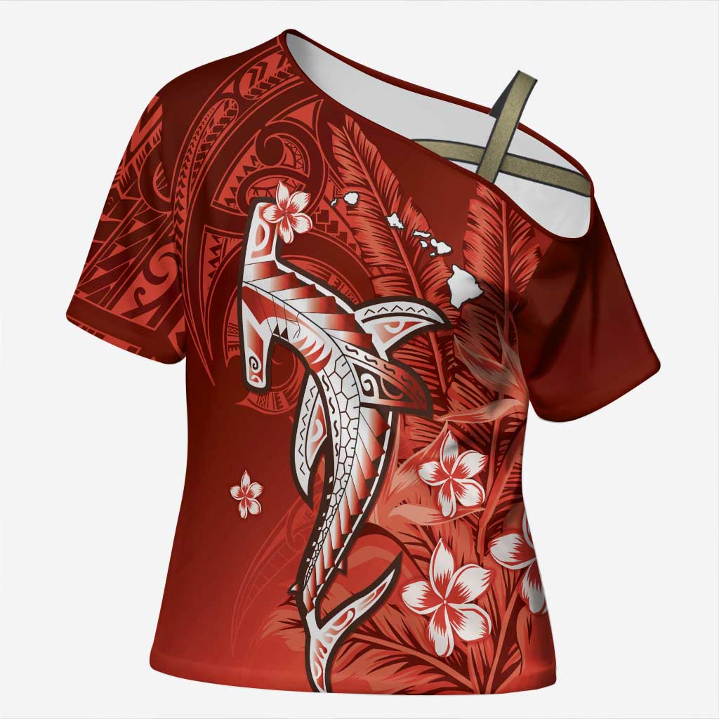Personalized Hawaiian Maori Hammerhead Shark Cross Shoulder Shirt Ulaula Plumeria LT9 Female Red - Polynesian Pride