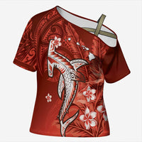 Personalized Hawaiian Maori Hammerhead Shark Cross Shoulder Shirt Ulaula Plumeria LT9 Female Red - Polynesian Pride