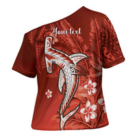 Personalized Hawaiian Maori Hammerhead Shark Cross Shoulder Shirt Ulaula Plumeria LT9 - Polynesian Pride
