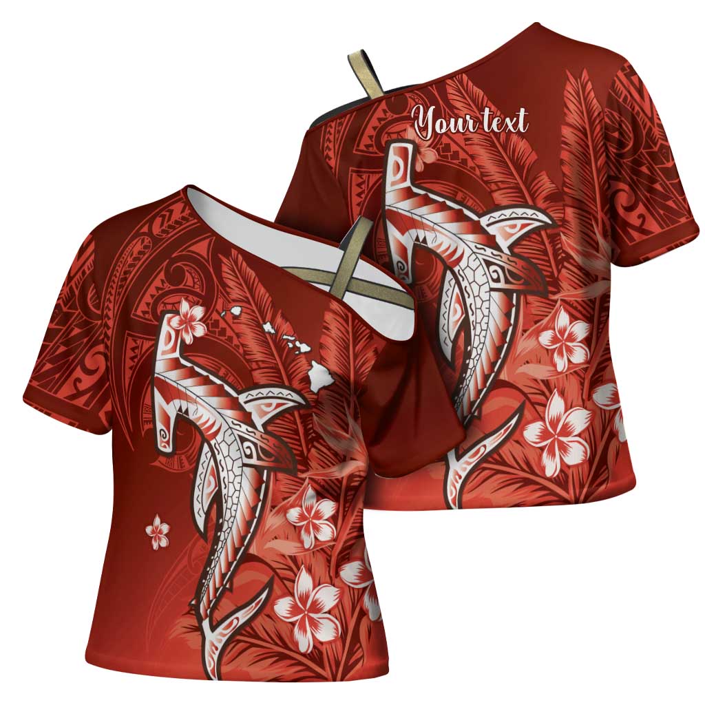 Personalized Hawaiian Maori Hammerhead Shark Cross Shoulder Shirt Ulaula Plumeria LT9 - Polynesian Pride