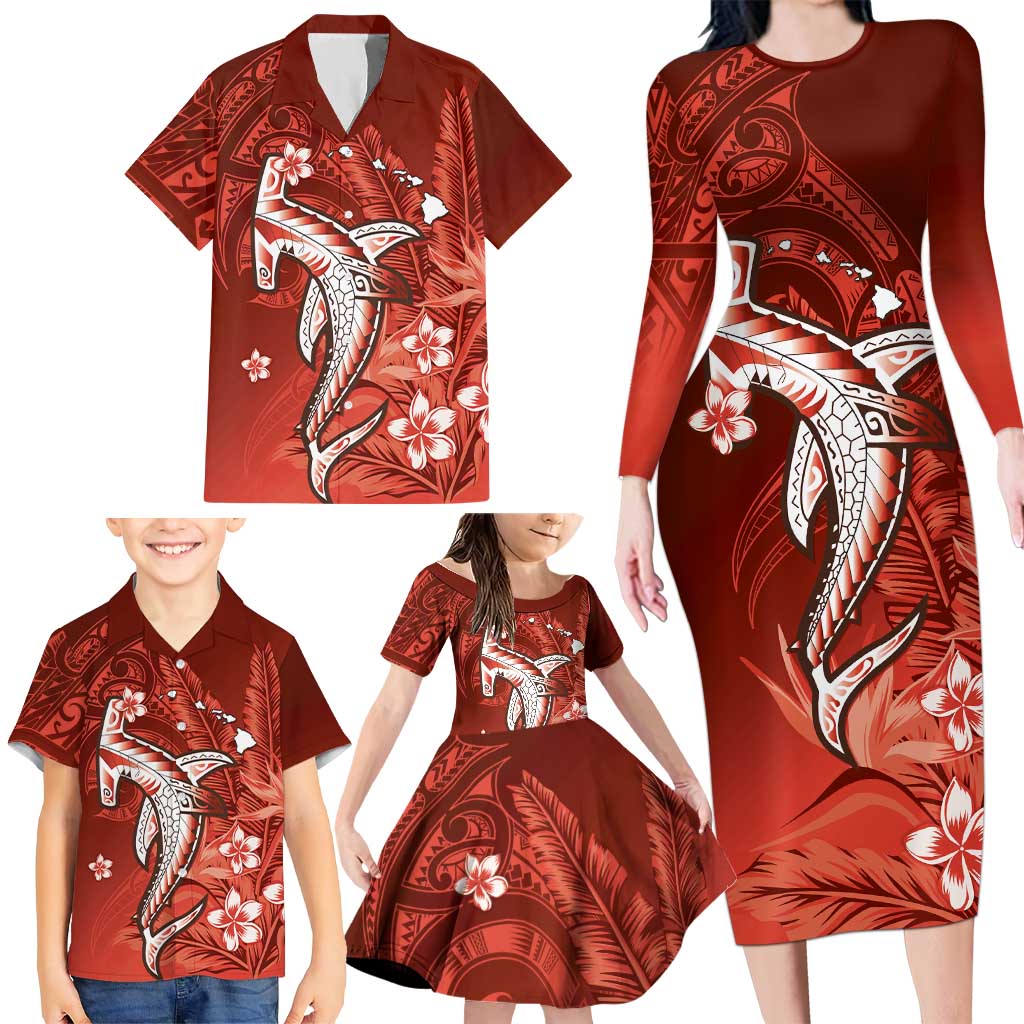 Personalized Hawaiian Maori Hammerhead Shark Family Matching Long Sleeve Bodycon Dress and Hawaiian Shirt Ulaula Plumeria - Polynesian Pride