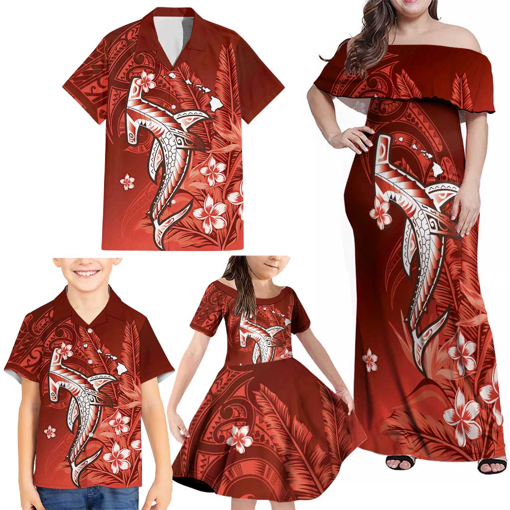 Personalized Hawaiian Maori Hammerhead Shark Family Matching Off Shoulder Maxi Dress and Hawaiian Shirt Ulaula Plumeria - Polynesian Pride