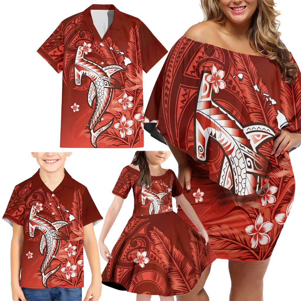 Personalized Hawaiian Maori Hammerhead Shark Family Matching Off Shoulder Short Dress and Hawaiian Shirt Ulaula Plumeria - Polynesian Pride