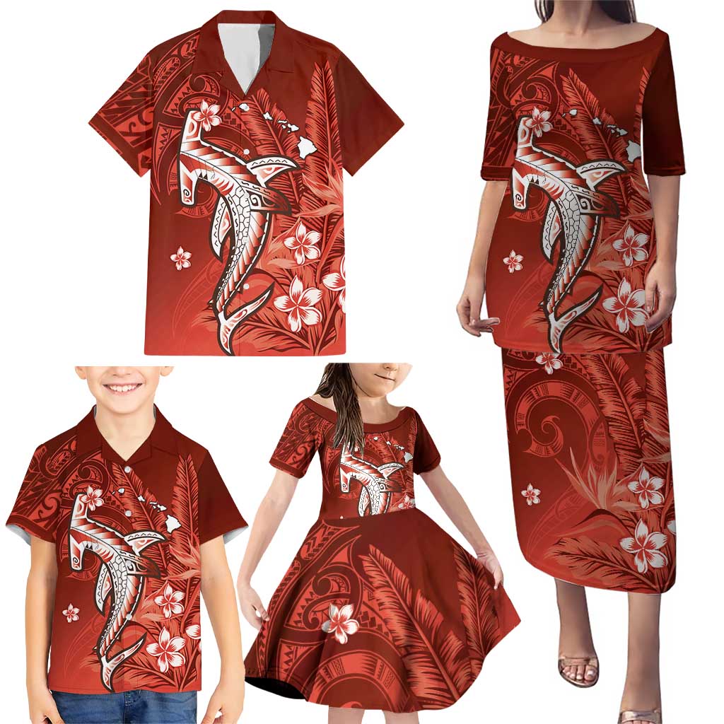 Personalized Hawaiian Maori Hammerhead Shark Family Matching Puletasi and Hawaiian Shirt Ulaula Plumeria - Polynesian Pride