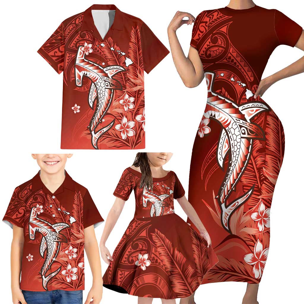 Personalized Hawaiian Maori Hammerhead Shark Family Matching Short Sleeve Bodycon Dress and Hawaiian Shirt Ulaula Plumeria - Polynesian Pride