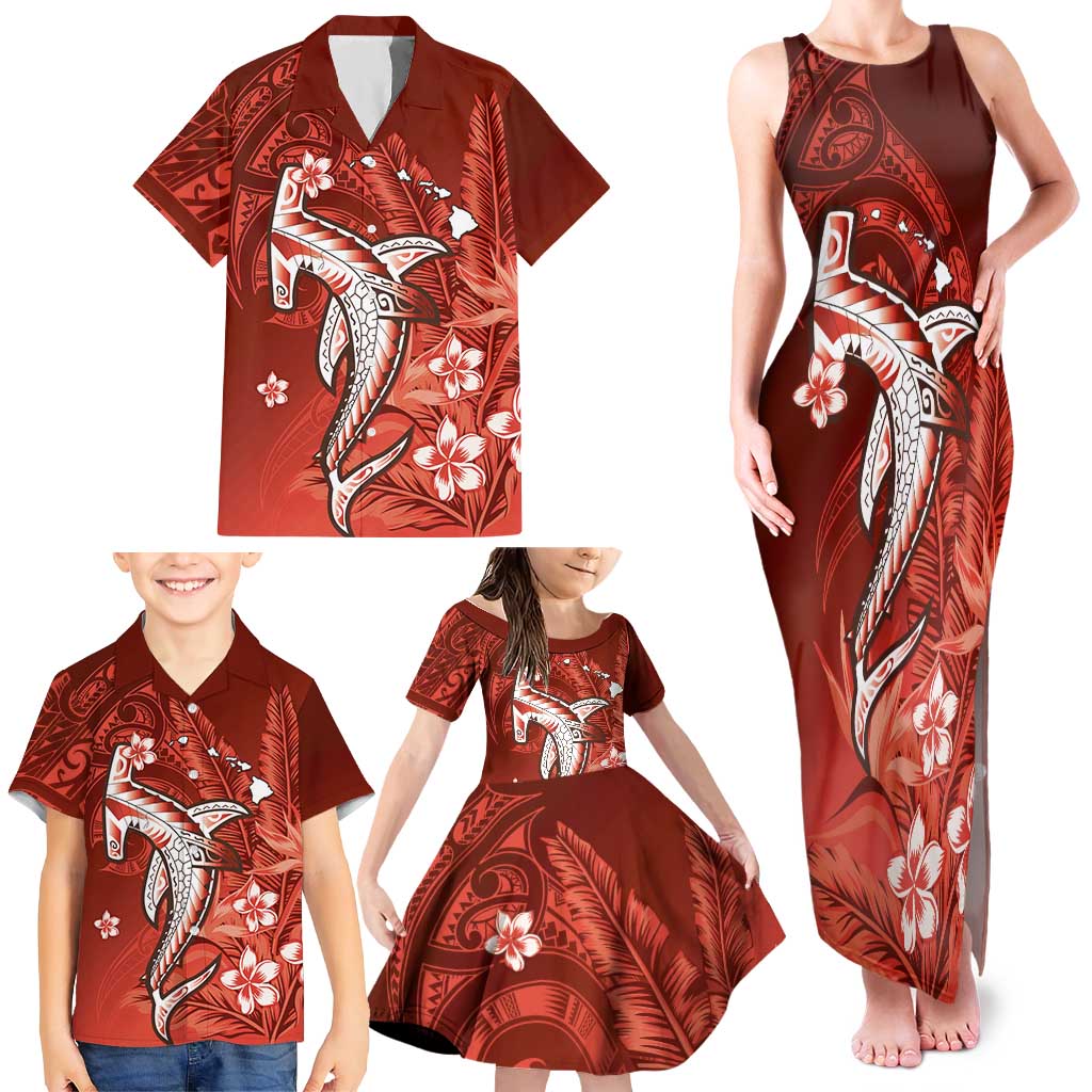 Personalized Hawaiian Maori Hammerhead Shark Family Matching Tank Maxi Dress and Hawaiian Shirt Ulaula Plumeria - Polynesian Pride
