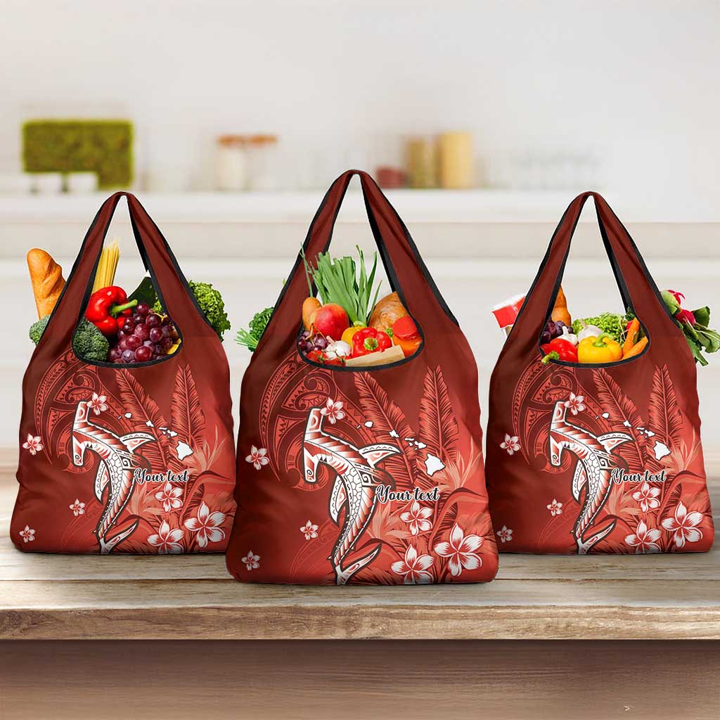 Personalized Hawaiian Maori Hammerhead Shark Grocery Bag Ulaula Plumeria LT9 3-pack One Size Red - Polynesian Pride