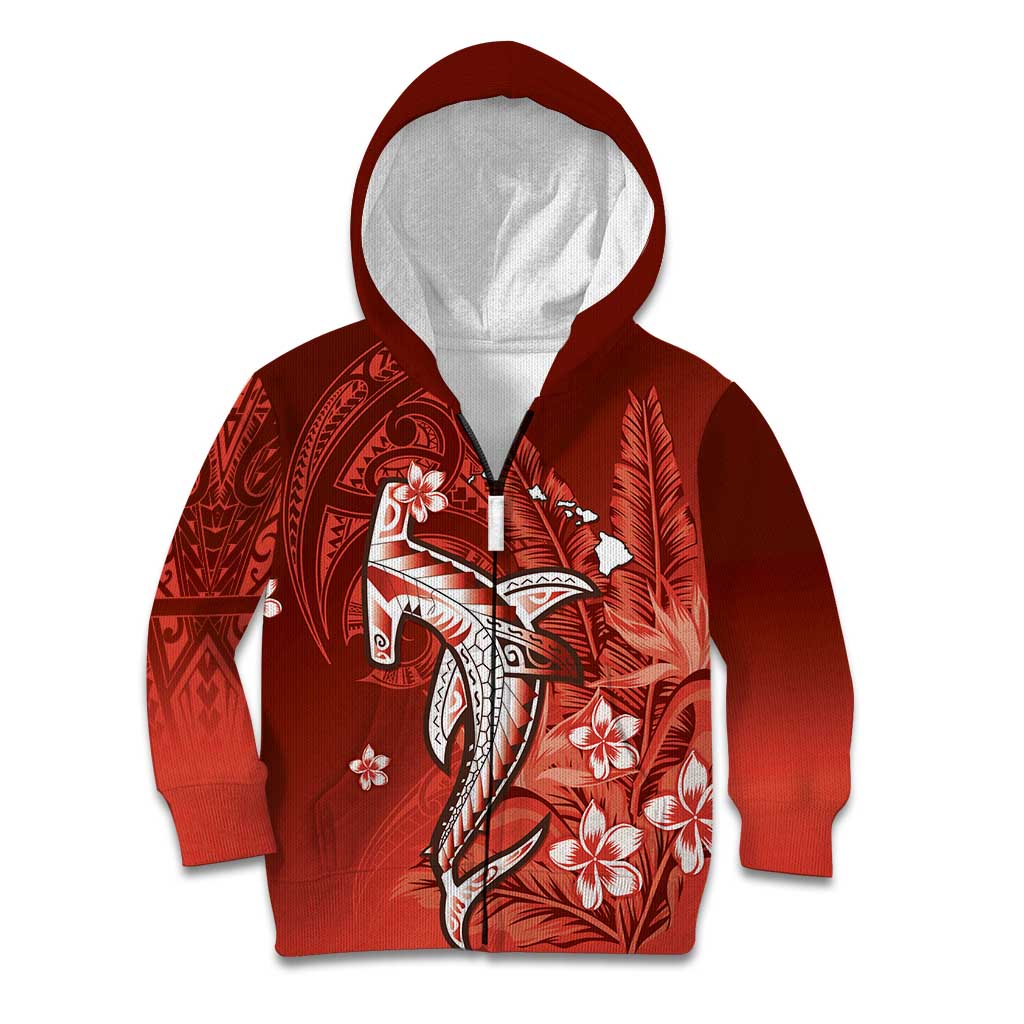 Personalized Hawaiian Maori Hammerhead Shark Kid Hoodie Ulaula Plumeria LT9 Zip Hoodie Red - Polynesian Pride