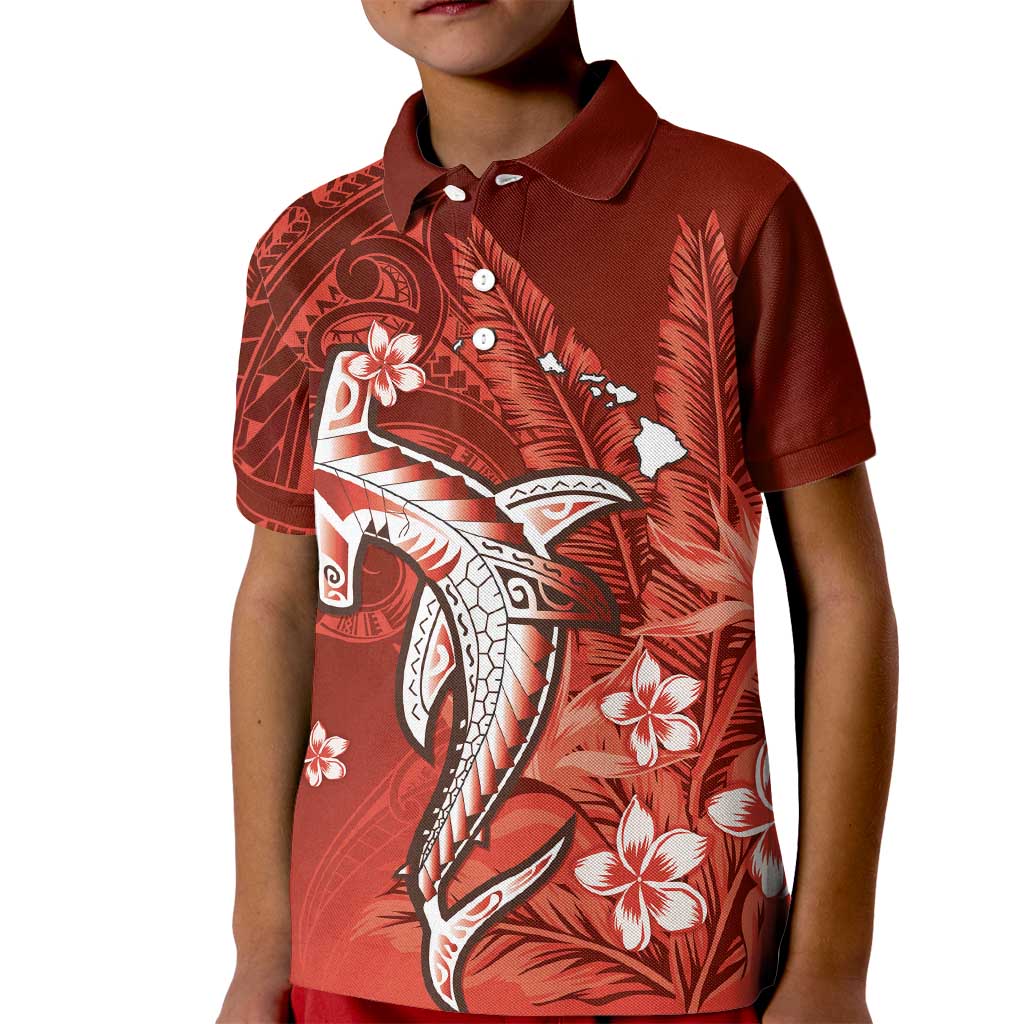 Personalized Hawaiian Maori Hammerhead Shark Kid Polo Shirt Ulaula Plumeria LT9 Kid Red - Polynesian Pride