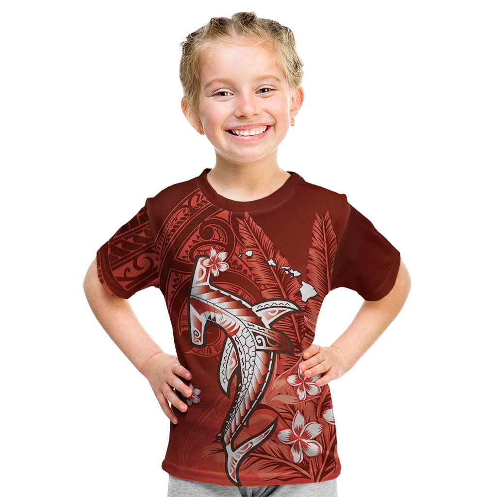 Personalized Hawaiian Maori Hammerhead Shark Kid T Shirt Ulaula Plumeria LT9 Red - Polynesian Pride