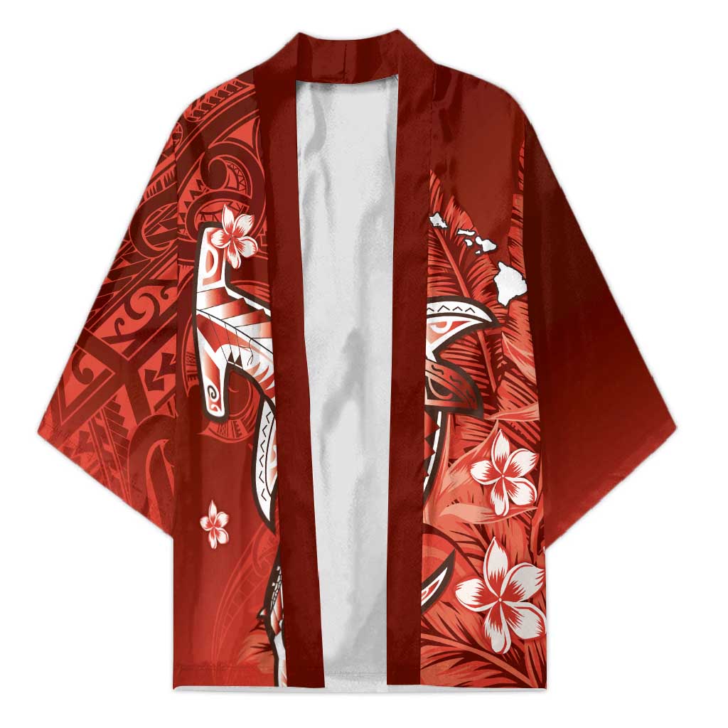 Personalized Hawaiian Maori Hammerhead Shark Kimono Ulaula Plumeria LT9 Unisex Red - Polynesian Pride
