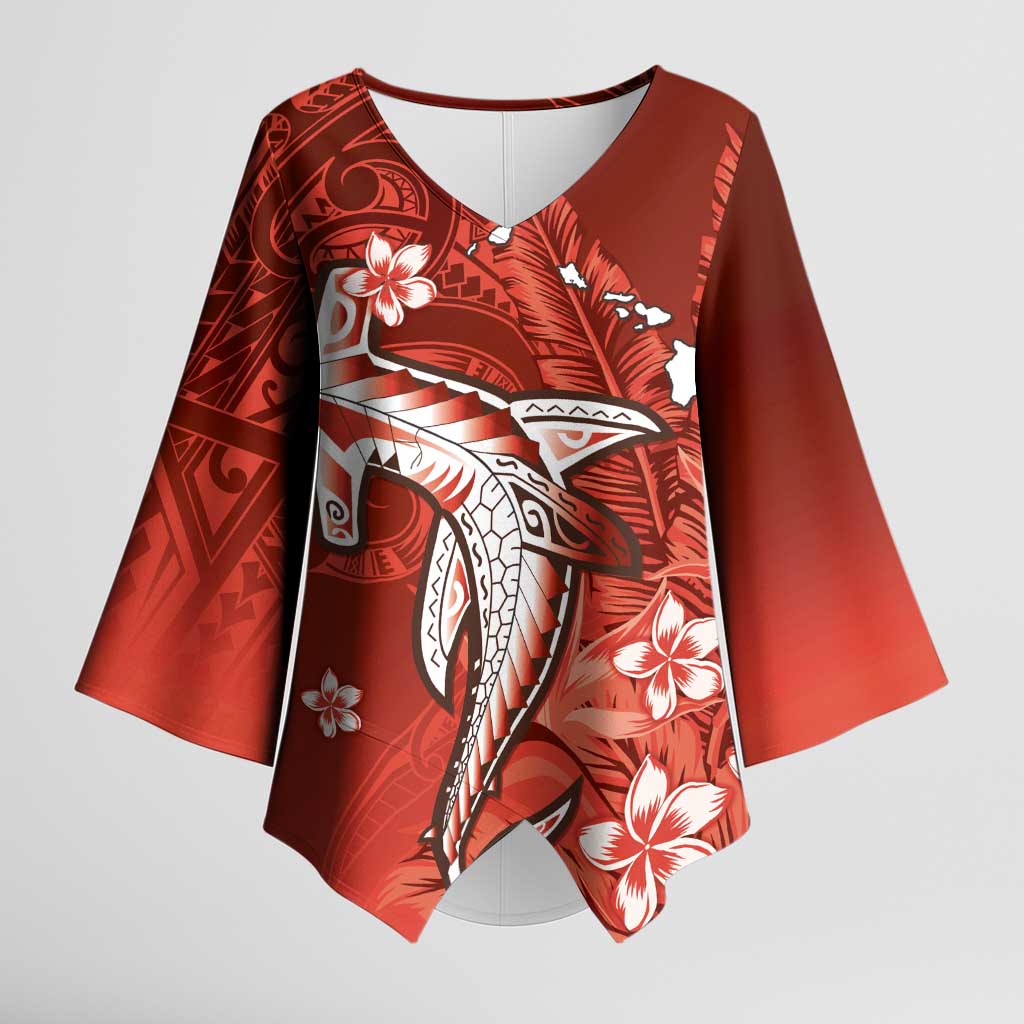 Personalized Hawaiian Maori Hammerhead Shark Kimono Sleeve Blouse Ulaula Plumeria LT9 Female Red - Polynesian Pride