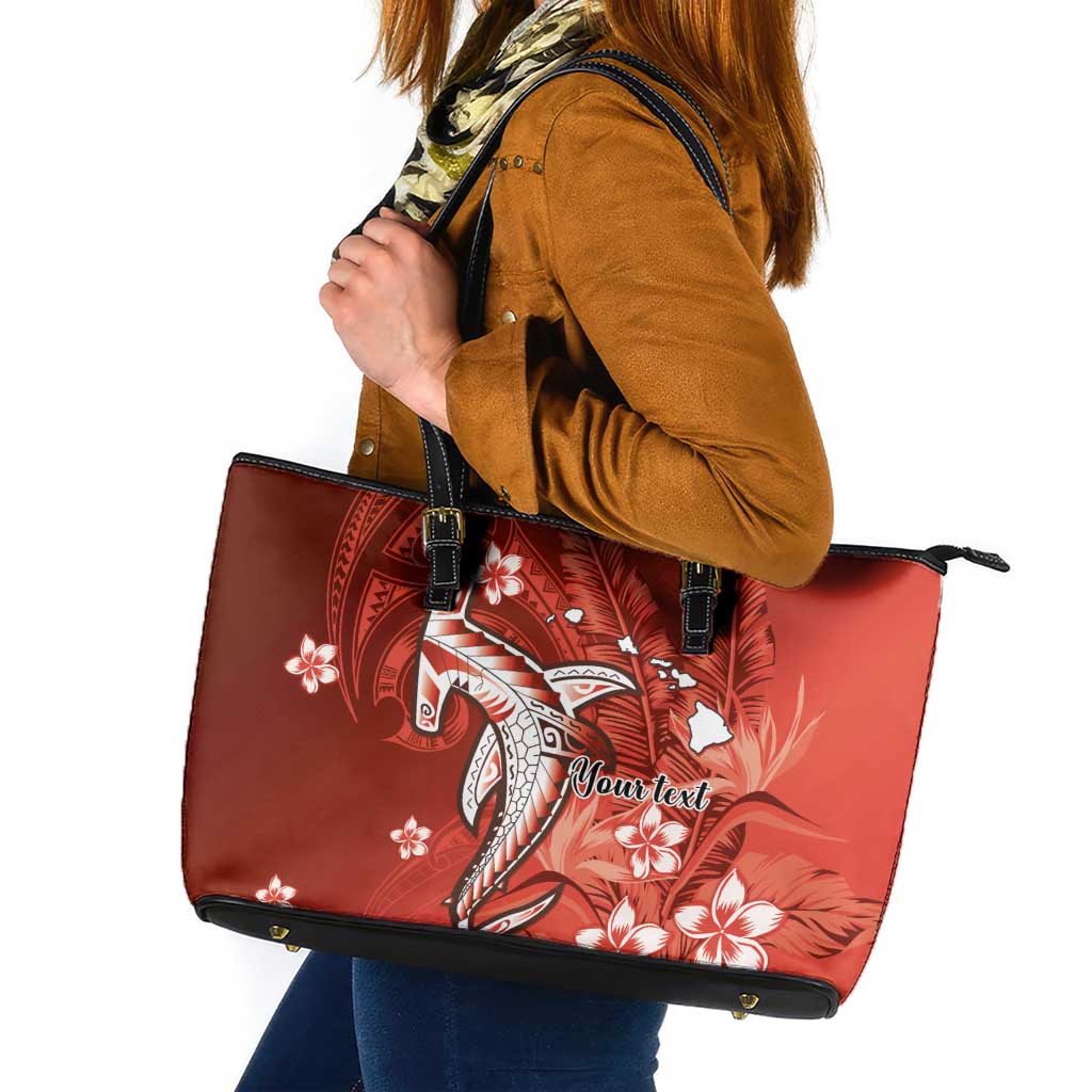 Personalized Hawaiian Maori Hammerhead Shark Leather Tote Bag Ulaula Plumeria LT9 Red - Polynesian Pride