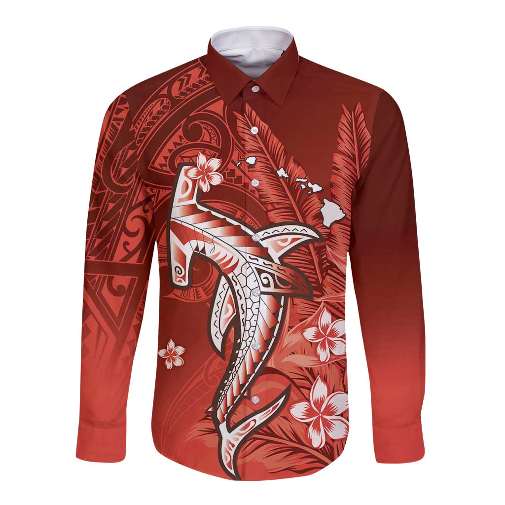 Personalized Hawaiian Maori Hammerhead Shark Long Sleeve Button Shirt Ulaula Plumeria LT9 Unisex Red - Polynesian Pride