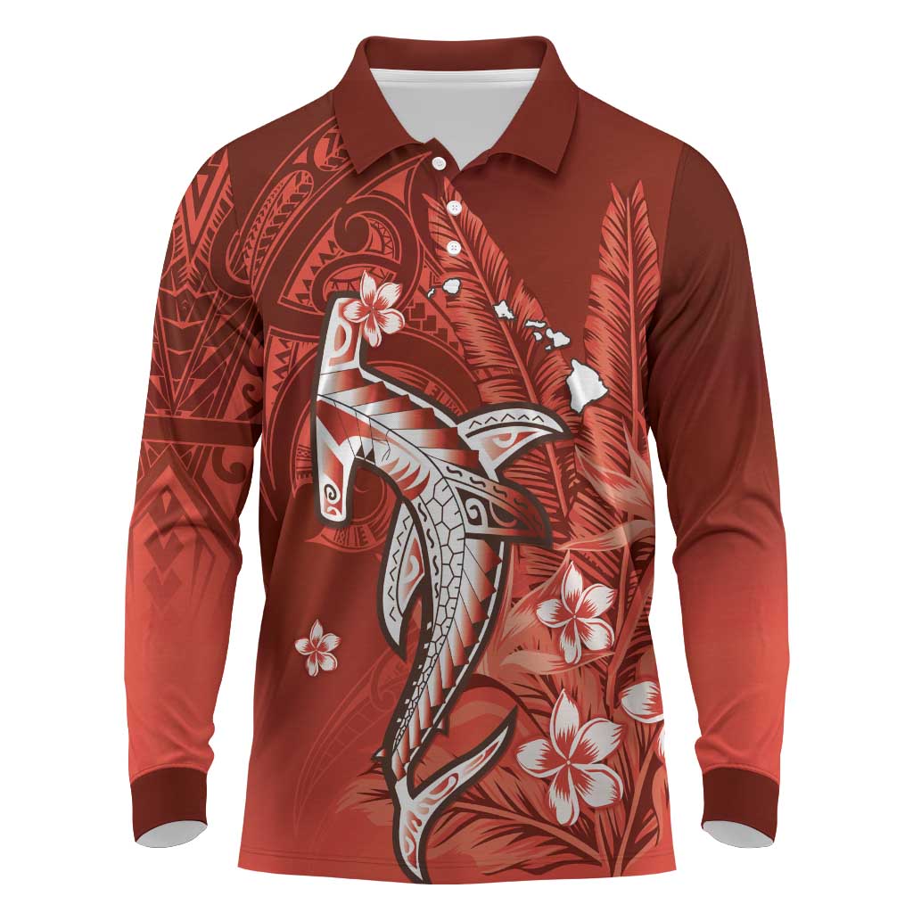 Personalized Hawaiian Maori Hammerhead Shark Long Sleeve Polo Shirt Ulaula Plumeria LT9 Red - Polynesian Pride