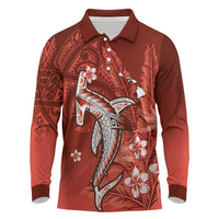 Personalized Hawaiian Maori Hammerhead Shark Long Sleeve Polo Shirt Ulaula Plumeria LT9 Red - Polynesian Pride