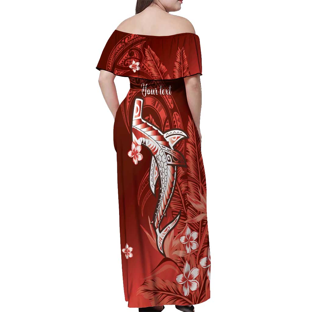 Personalized Hawaiian Maori Hammerhead Shark Off Shoulder Maxi Dress Ulaula Plumeria LT9 - Polynesian Pride