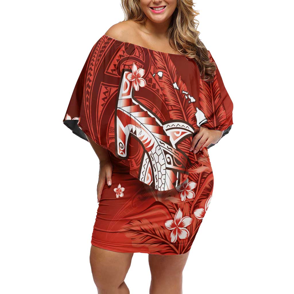 Personalized Hawaiian Maori Hammerhead Shark Off Shoulder Short Dress Ulaula Plumeria LT9 Women Red - Polynesian Pride