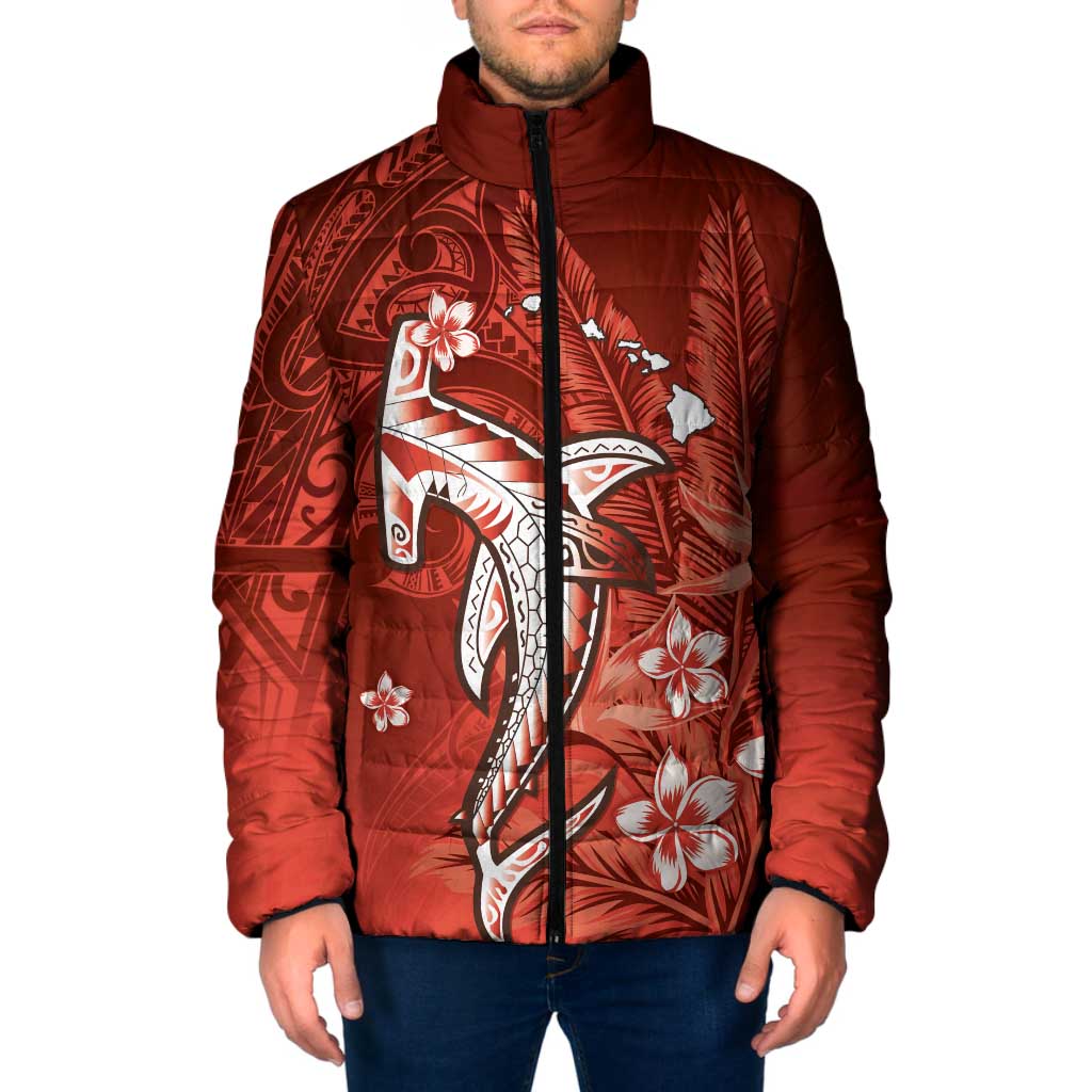 Personalized Hawaiian Maori Hammerhead Shark Padded Jacket Ulaula Plumeria LT9 Men Red - Polynesian Pride