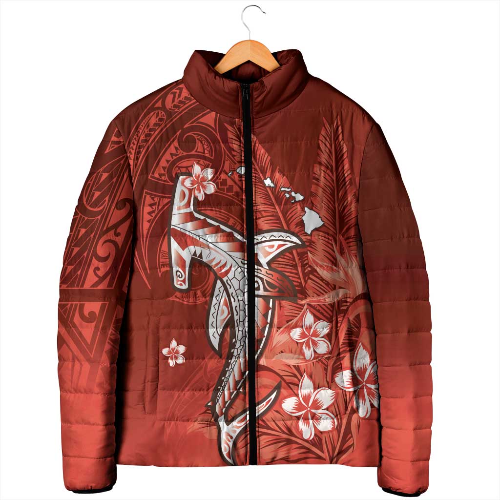 Personalized Hawaiian Maori Hammerhead Shark Padded Jacket Ulaula Plumeria - Polynesian Pride