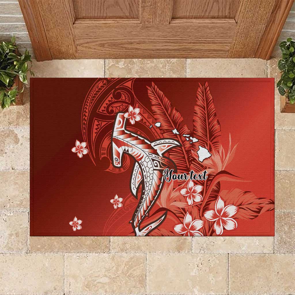 Personalized Hawaiian Maori Hammerhead Shark Rubber Doormat Ulaula Plumeria LT9 Red - Polynesian Pride