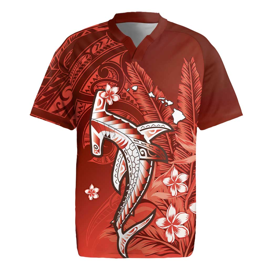Personalized Hawaiian Maori Hammerhead Shark Rugby Jersey Ulaula Plumeria LT9 Red - Polynesian Pride