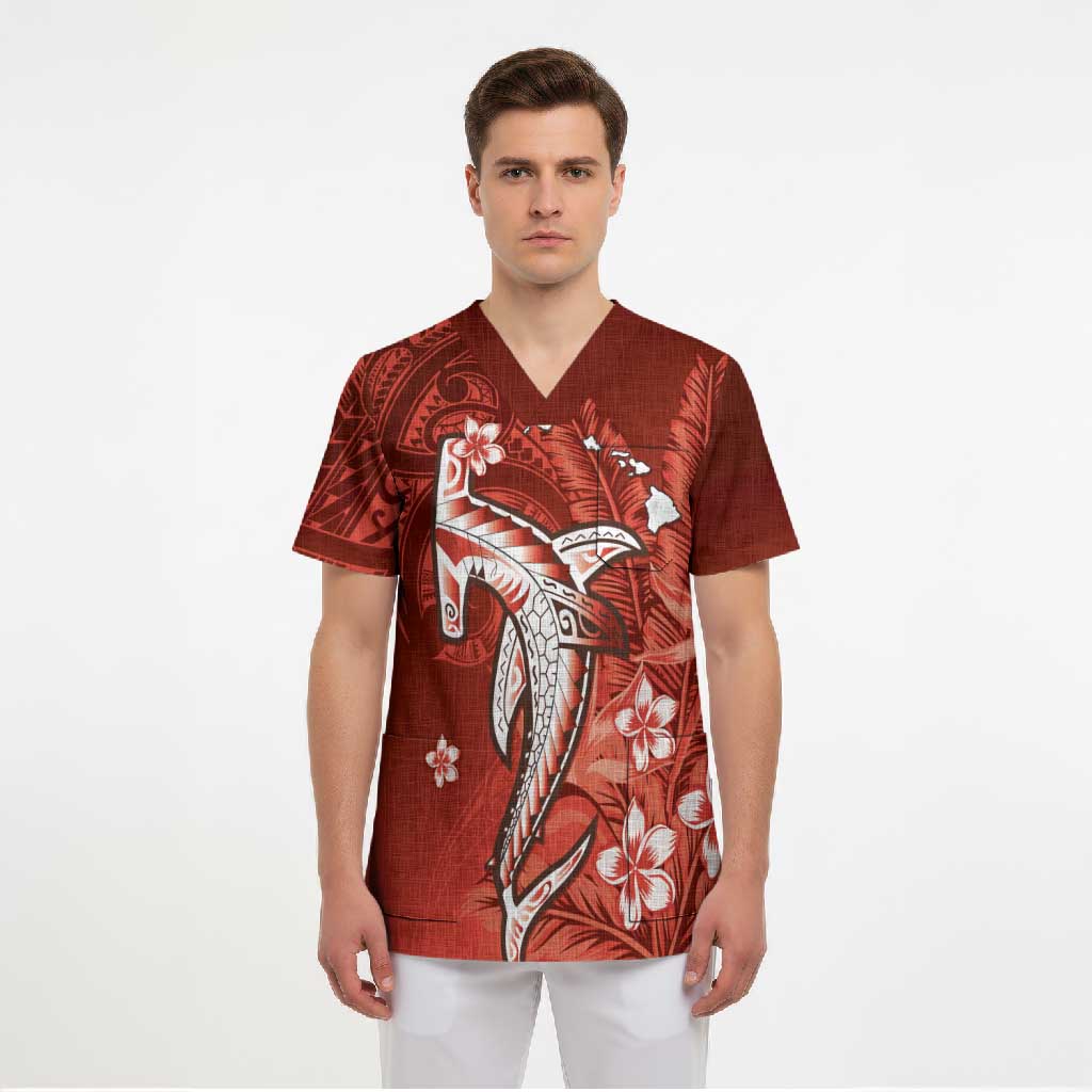 Personalized Hawaiian Maori Hammerhead Shark Scrub Top Ulaula Plumeria LT9 - Polynesian Pride
