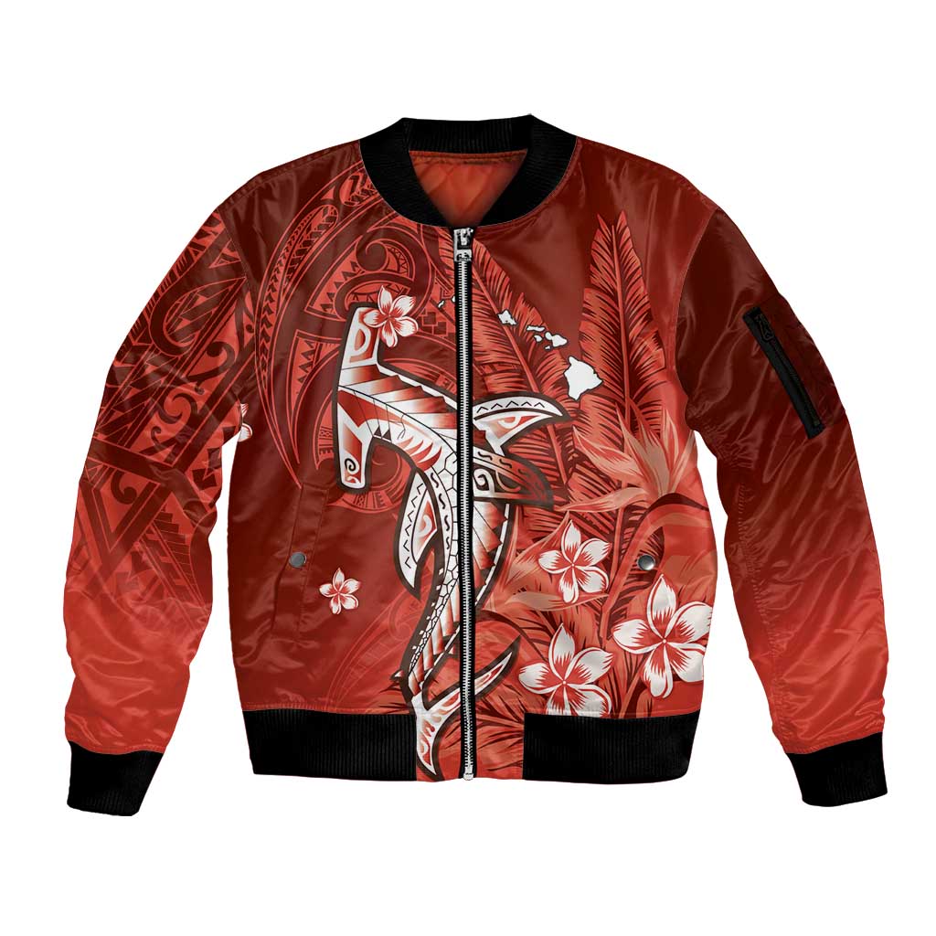 Personalized Hawaiian Maori Hammerhead Shark Sleeve Zip Bomber Jacket Ulaula Plumeria LT9 Unisex Red - Polynesian Pride