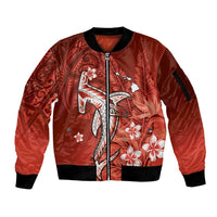 Personalized Hawaiian Maori Hammerhead Shark Sleeve Zip Bomber Jacket Ulaula Plumeria LT9 Unisex Red - Polynesian Pride