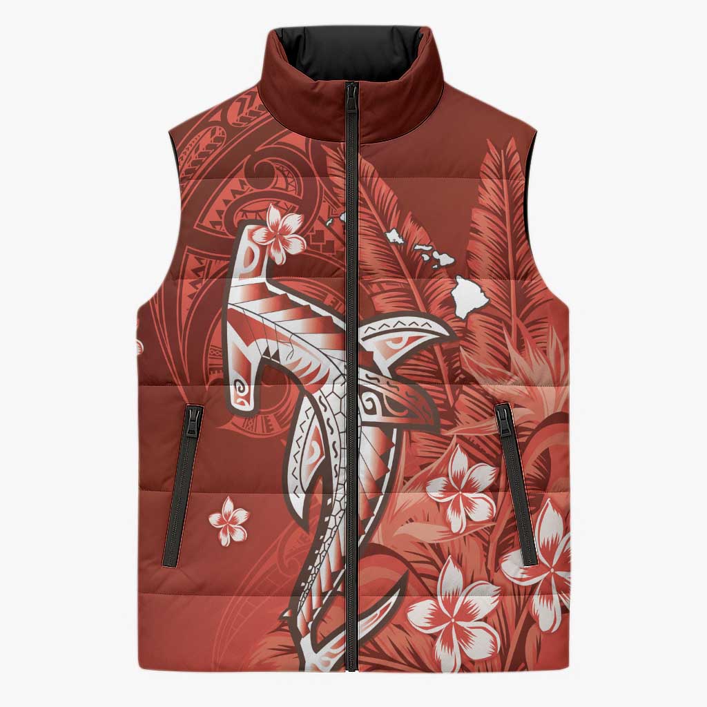 Personalized Hawaiian Maori Hammerhead Shark Sleeveless Puffer Jacket Ulaula Plumeria LT9 Unisex Red - Polynesian Pride