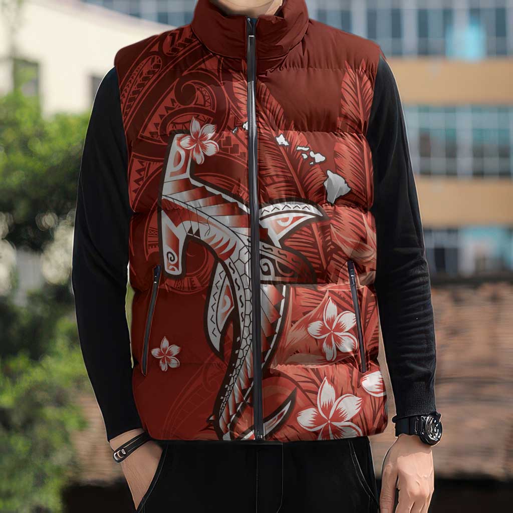 Personalized Hawaiian Maori Hammerhead Shark Sleeveless Puffer Jacket Ulaula Plumeria LT9 - Polynesian Pride
