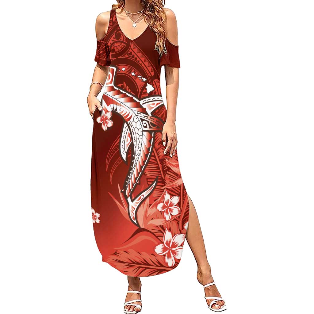 Personalized Hawaiian Maori Hammerhead Shark Summer Maxi Dress Ulaula Plumeria LT9 Women Red - Polynesian Pride