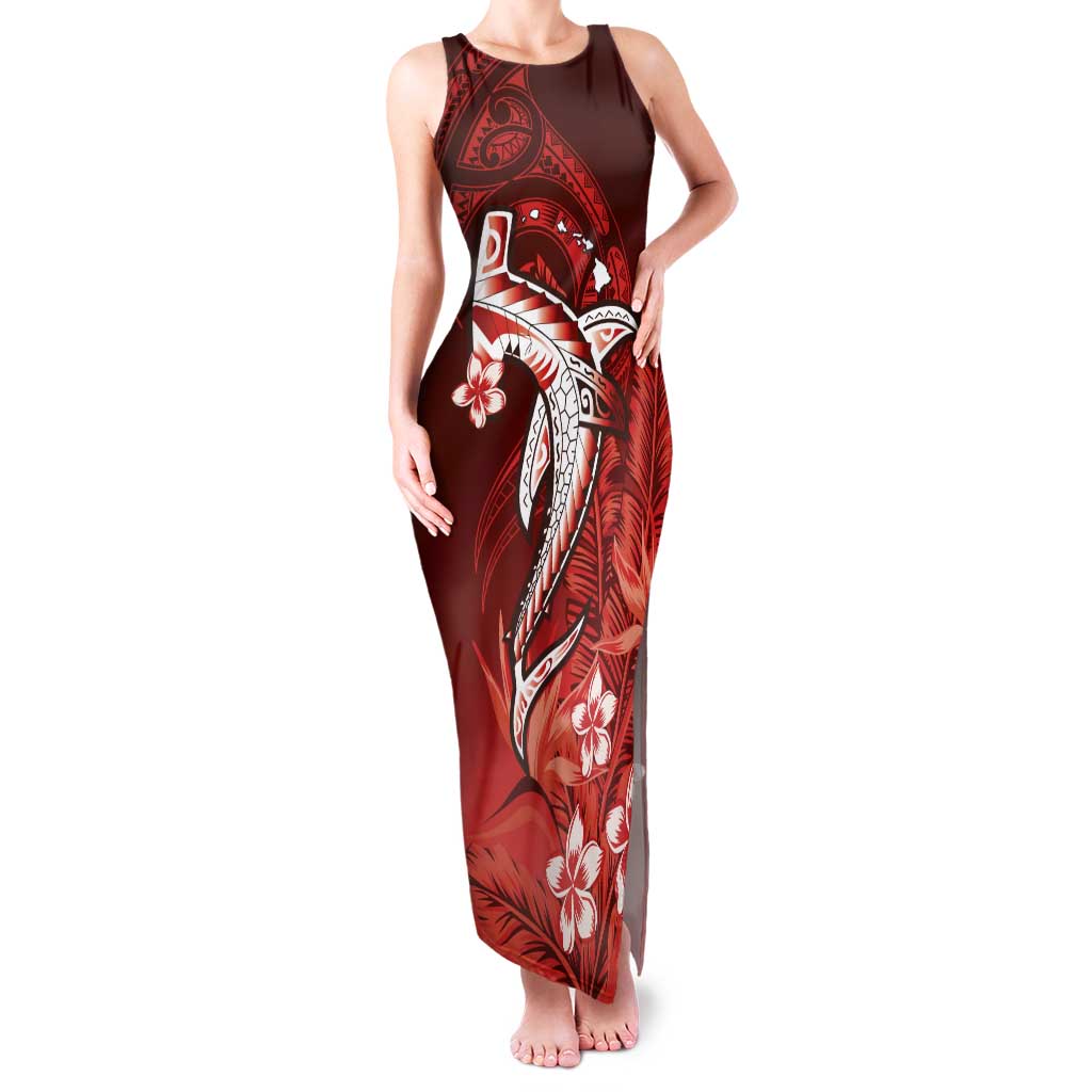 Personalized Hawaiian Maori Hammerhead Shark Tank Maxi Dress Ulaula Plumeria LT9 Women Red - Polynesian Pride