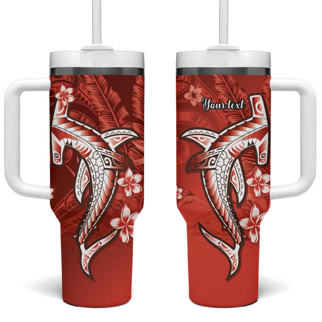 Personalized Hawaiian Maori Hammerhead Shark Tumbler With Handle Ulaula Plumeria LT9 One Size: 40 oz Red - Polynesian Pride