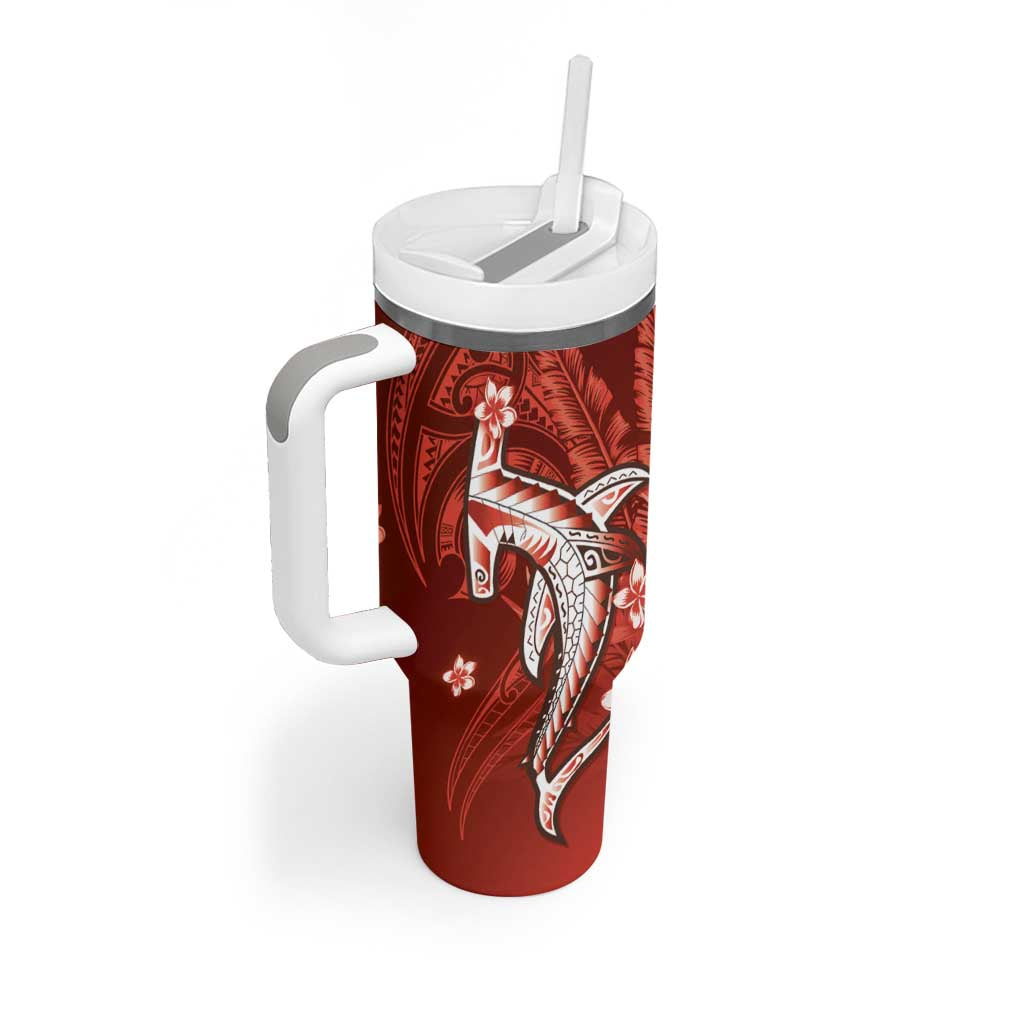 Personalized Hawaiian Maori Hammerhead Shark Tumbler With Handle Ulaula Plumeria LT9 - Polynesian Pride