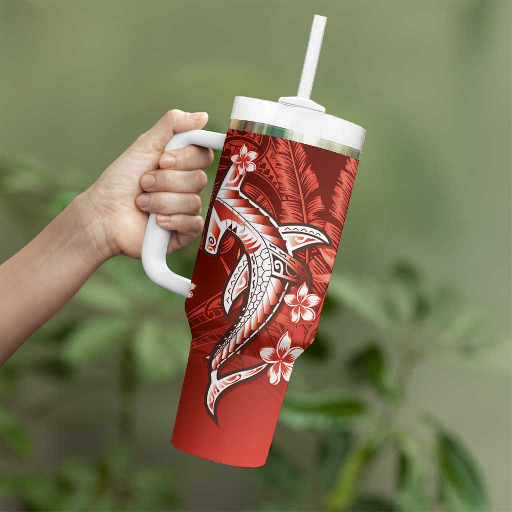 Personalized Hawaiian Maori Hammerhead Shark Tumbler With Handle Ulaula Plumeria LT9 - Polynesian Pride