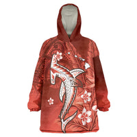 Personalized Hawaiian Maori Hammerhead Shark Wearable Blanket Hoodie Ulaula Plumeria LT9 One Size Red - Polynesian Pride