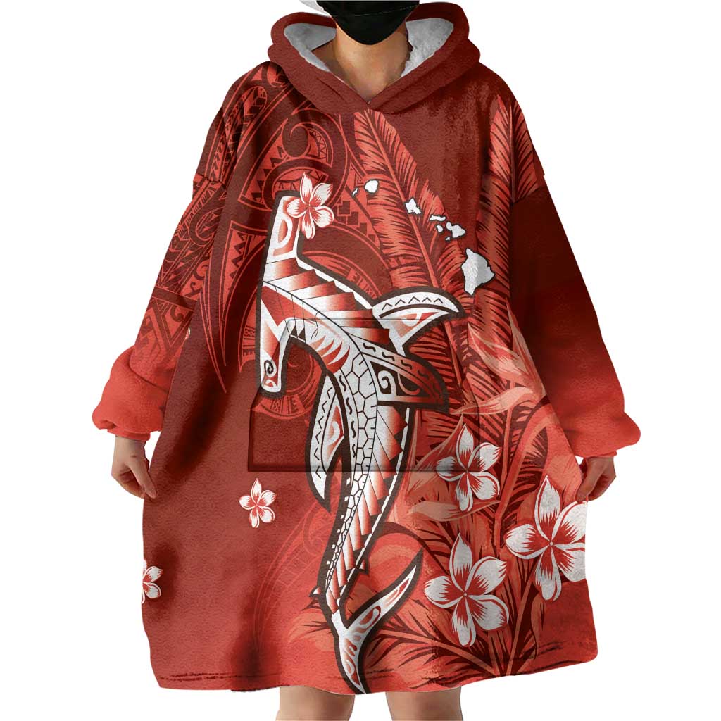 Personalized Hawaiian Maori Hammerhead Shark Wearable Blanket Hoodie Ulaula Plumeria LT9 - Polynesian Pride