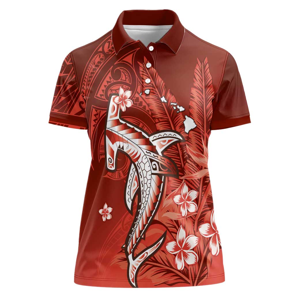 Personalized Hawaiian Maori Hammerhead Shark Women Polo Shirt Ulaula Plumeria LT9 Female Red - Polynesian Pride