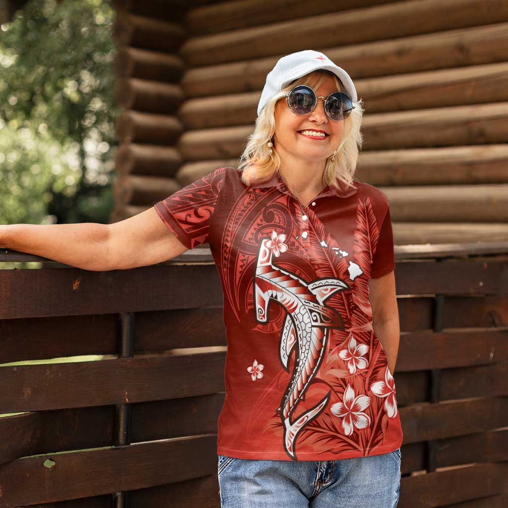 Personalized Hawaiian Maori Hammerhead Shark Women Polo Shirt Ulaula Plumeria LT9 - Polynesian Pride