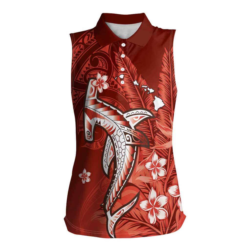 Personalized Hawaiian Maori Hammerhead Shark Women Sleeveless Polo Shirt Ulaula Plumeria LT9 Female Red - Polynesian Pride