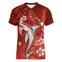 Personalized Hawaiian Maori Hammerhead Shark Women V-Neck T-Shirt Ulaula Plumeria LT9 Female Red - Polynesian Pride