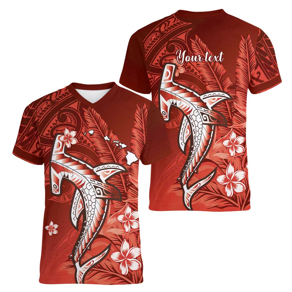Personalized Hawaiian Maori Hammerhead Shark Women V-Neck T-Shirt Ulaula Plumeria LT9 - Polynesian Pride