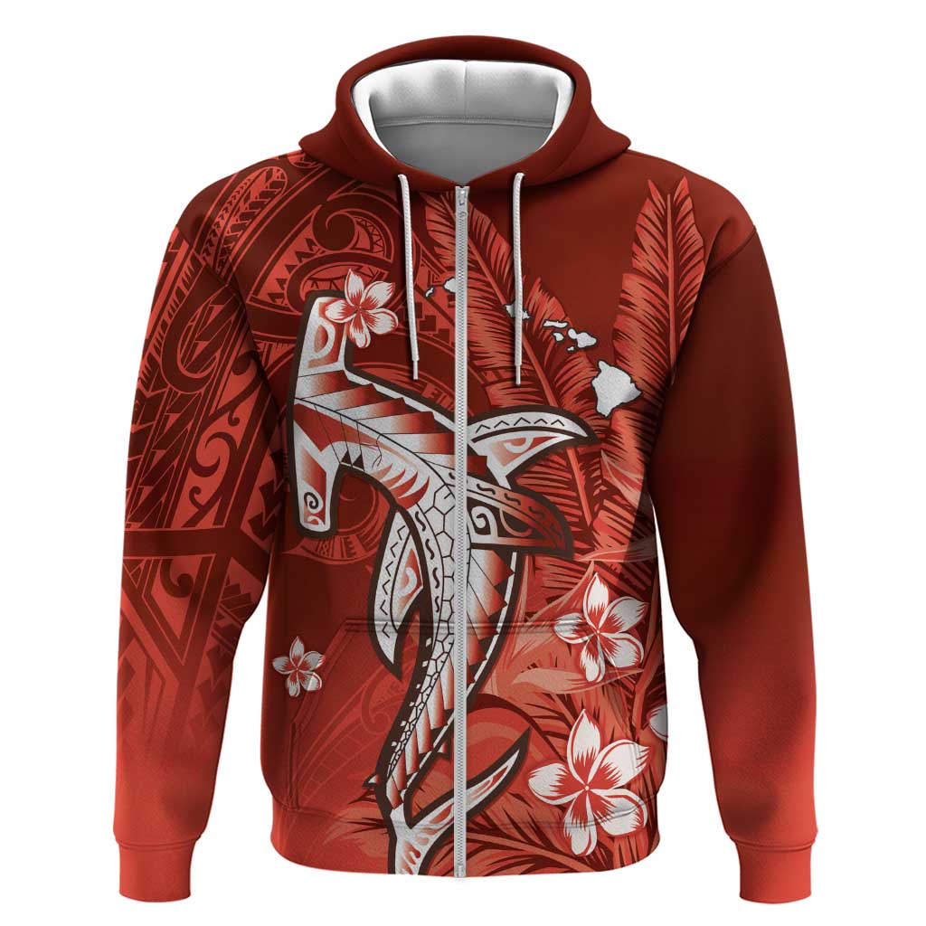 Personalized Hawaiian Maori Hammerhead Shark Zip Hoodie Ulaula Plumeria LT9 Zip Hoodie Red - Polynesian Pride