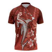 Personalized Hawaiian Maori Hammerhead Shark Zipper Polo Shirt Ulaula Plumeria LT9 Red - Polynesian Pride