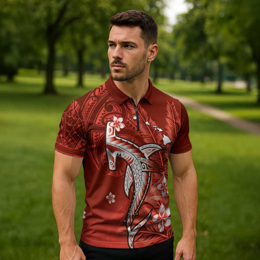 Personalized Hawaiian Maori Hammerhead Shark Zipper Polo Shirt Ulaula Plumeria LT9 - Polynesian Pride