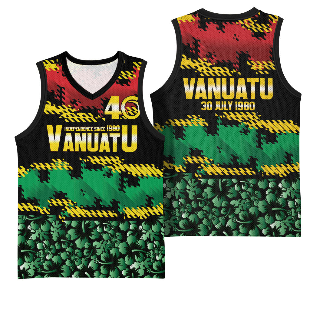 Vanuatu 46th Year Anniversary Basketball Jersey 30 July 1980 Hibiscus Seamless Pattern LT9 - Polynesian Pride
