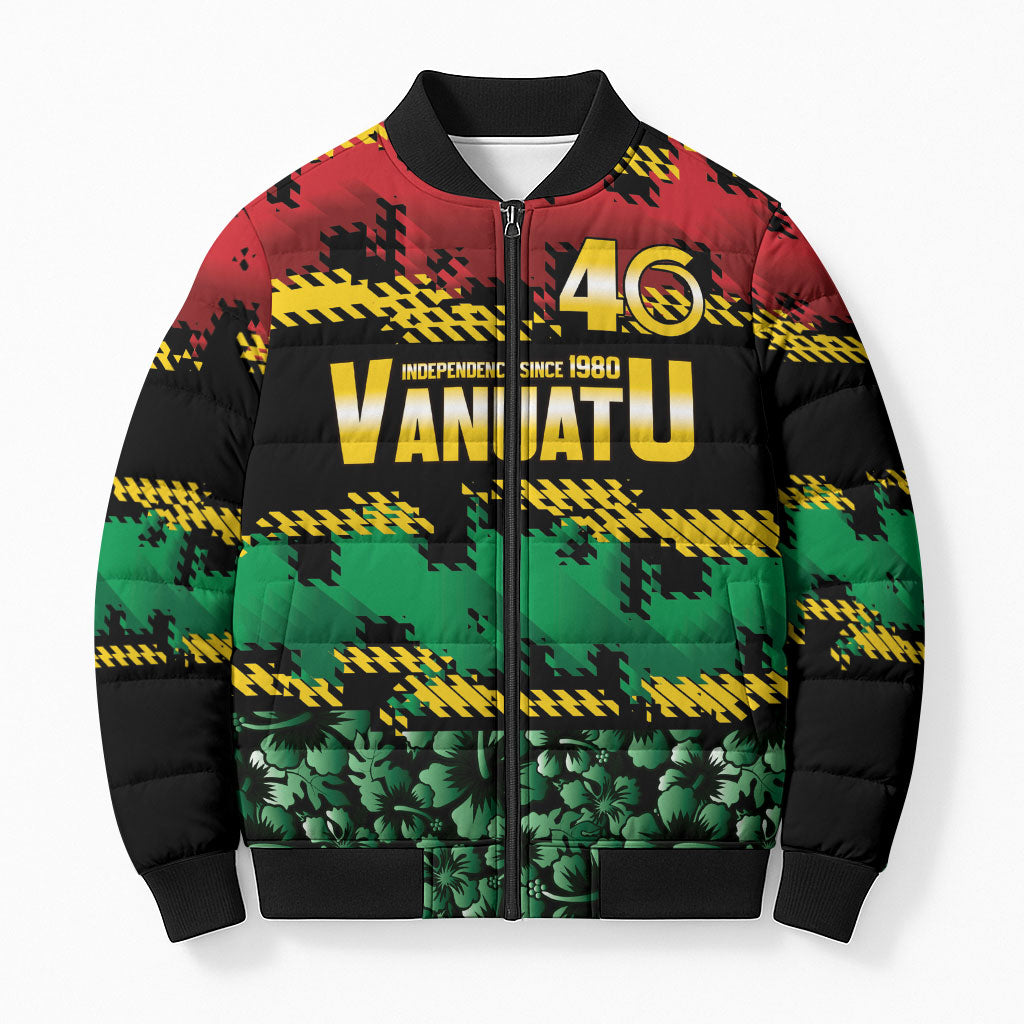 Vanuatu 46th Year Anniversary Bomber Puffer Jacket 30 July 1980 Hibiscus Seamless Pattern LT9 Unisex Black - Polynesian Pride