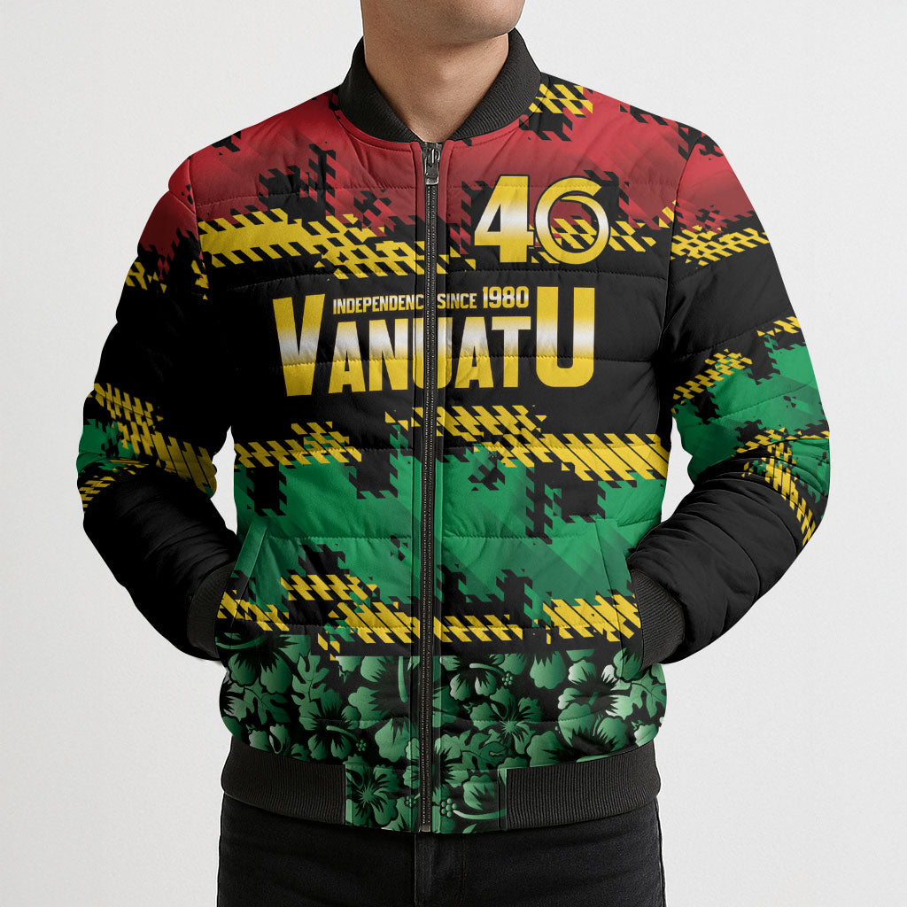 Vanuatu 46th Year Anniversary Bomber Puffer Jacket 30 July 1980 Hibiscus Seamless Pattern LT9 - Polynesian Pride